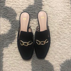 H&M black slip on loafers with gold accent